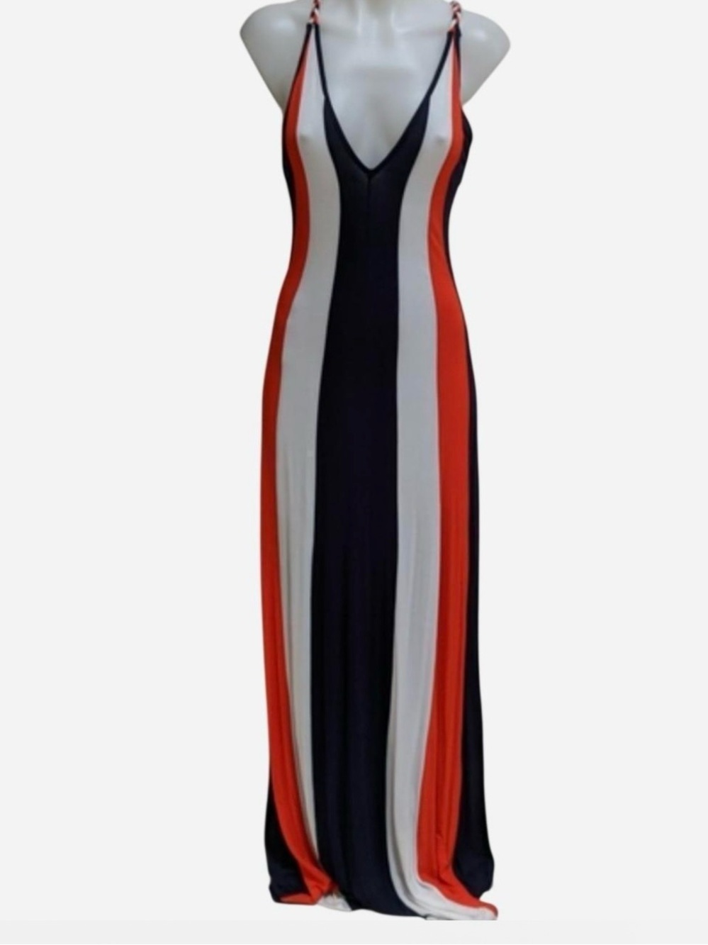 VENUS Striped V-Neck Maxi Dress in Black, White & Red